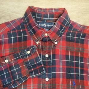 Ralph Lauren Oxford Blaire Shirt Mens L Red Blue White Plaid Button-Front COTTON